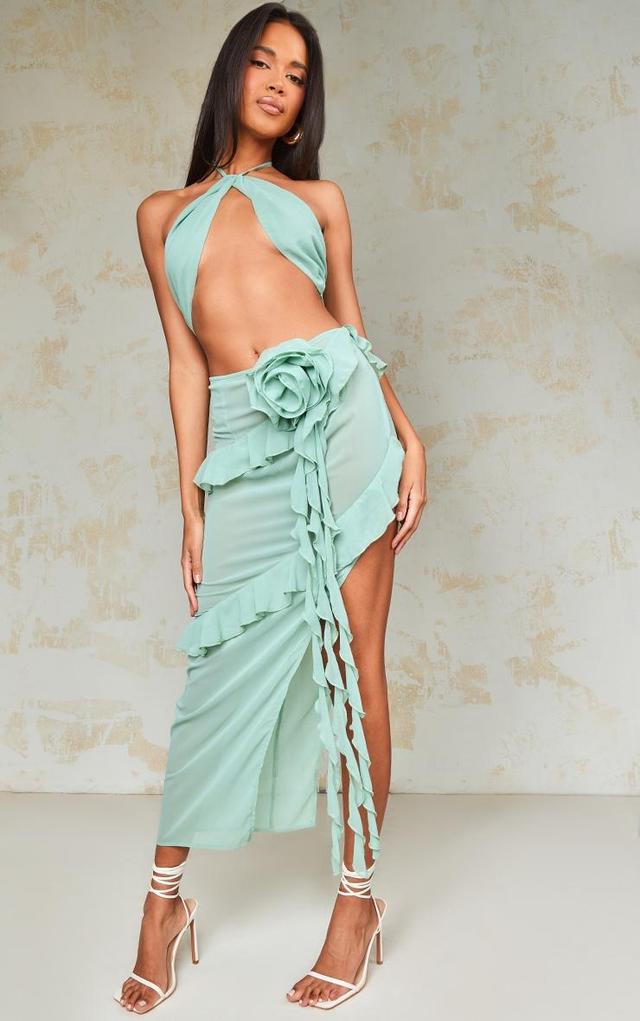 Sage Green Chiffon Cut Out Rose Applique Drape Maxi Dress Product Image