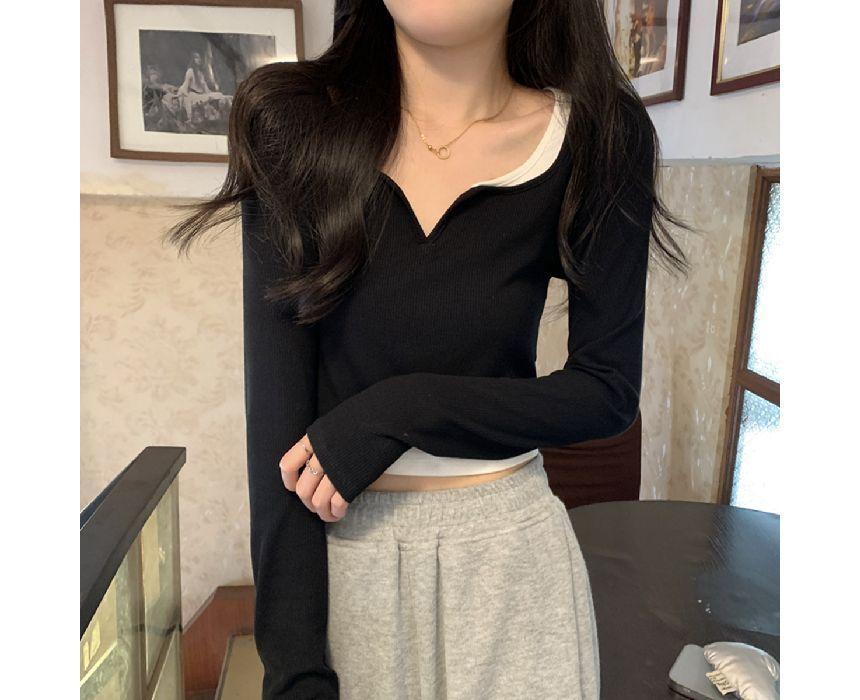 Mock Two-Piece Long-Sleeve Notched Crop Top Product Image