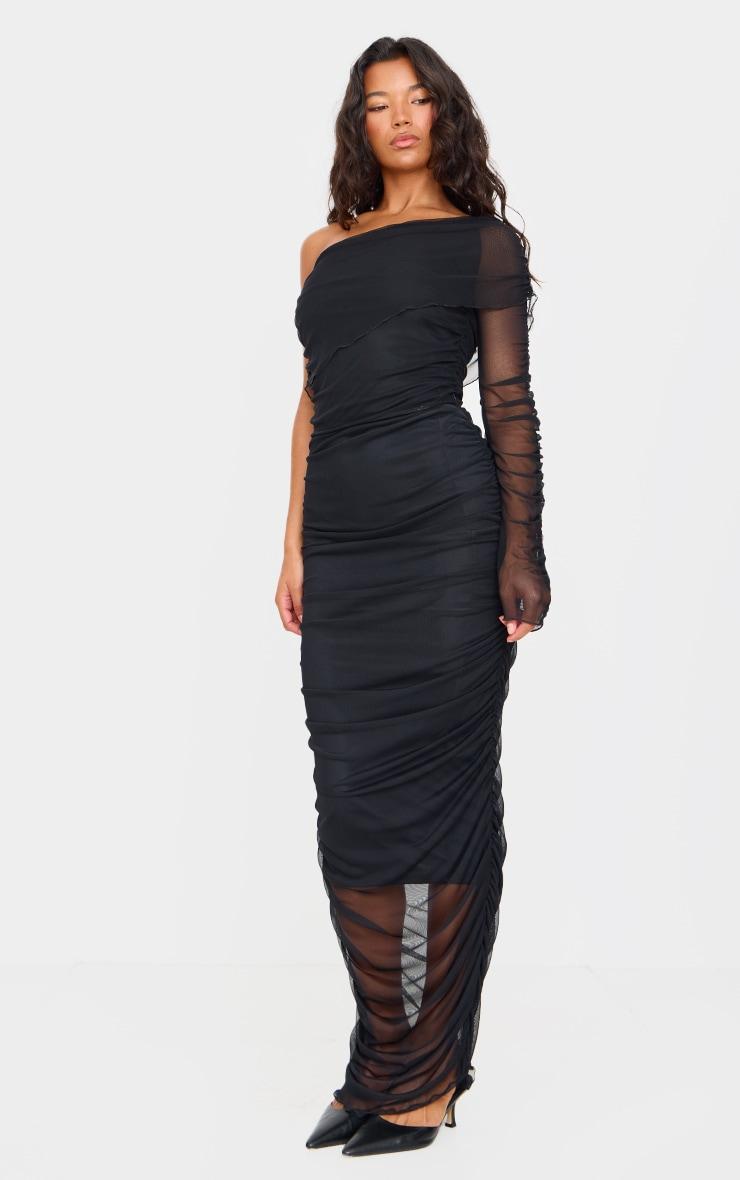 Black Mesh Bardot One Sleeve Maxi Dress Product Image