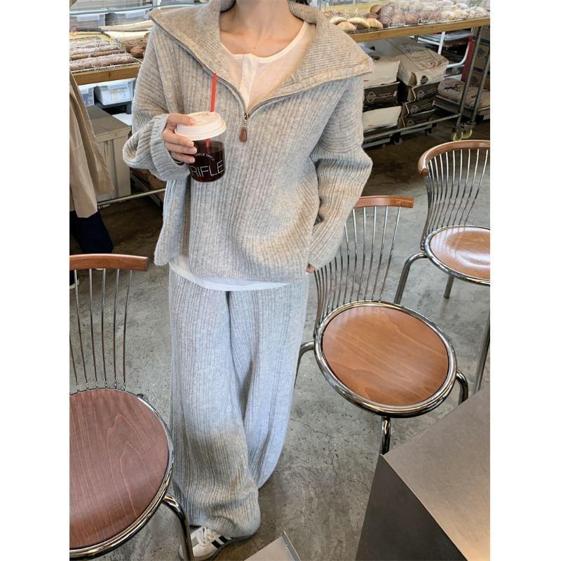 Set: Plain Half Zip Ribbed Sweater + High Waist Knit Wide Leg Pants Product Image