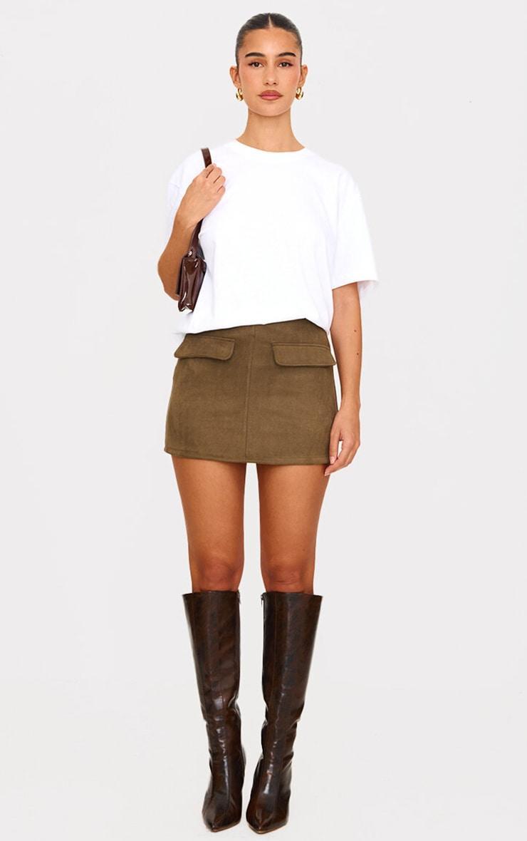 Khaki Faux Suede Pocket Front Mini Skirt Product Image