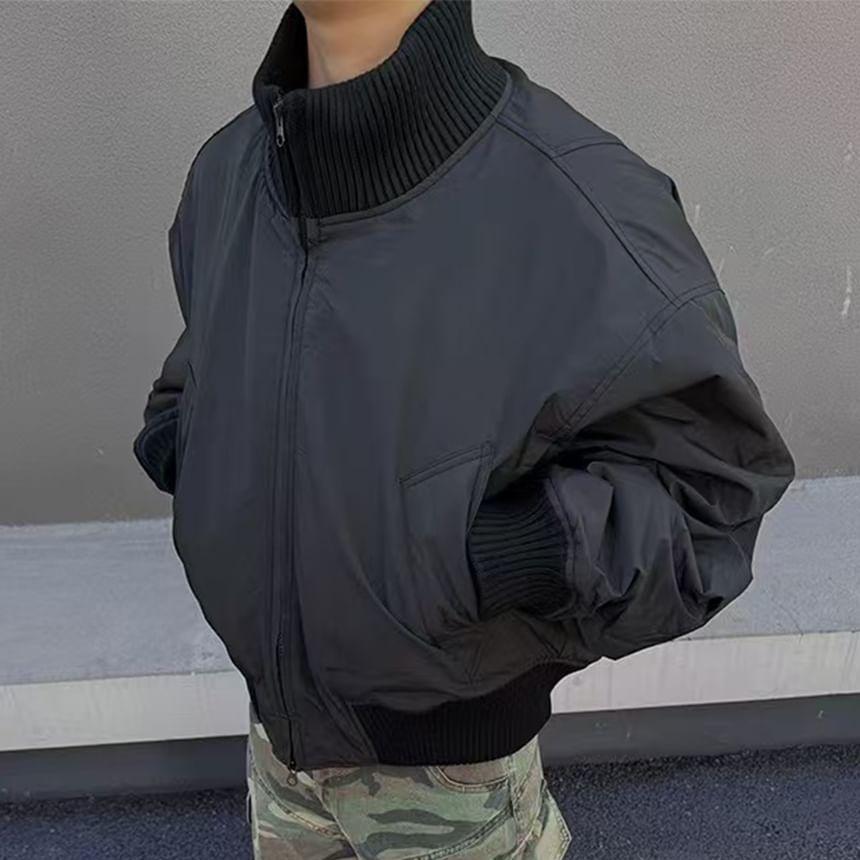 High Neck Plain Zip-Up Bomber Jacket Product Image