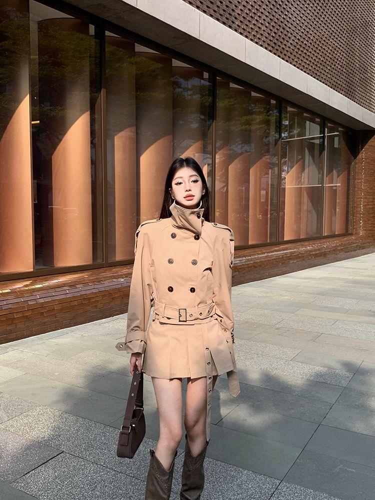 Plain Double-Breasted Trench Jacket / High Waist Pleated Mini A-Line Skirt Product Image