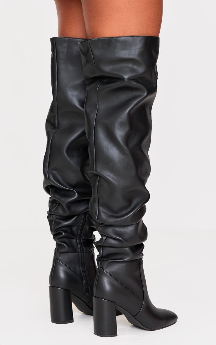 Black Wide Fit Pu Round Toe Ruched Over The Knee Block Heeled Boots Product Image