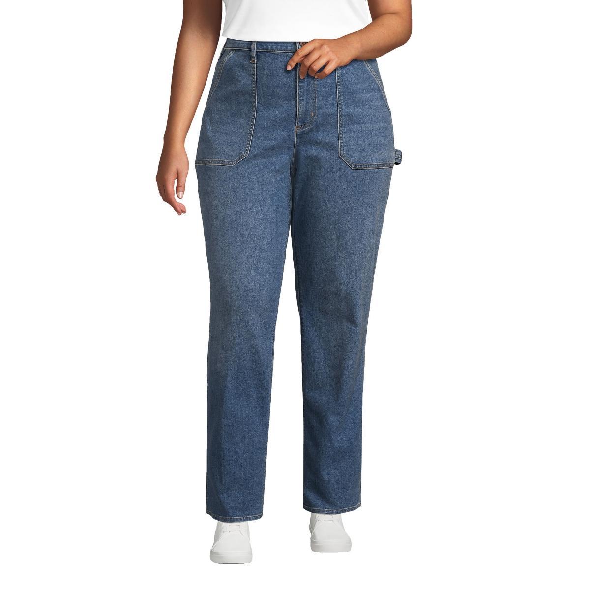 Lands End Plus Size Recover High Rise Relaxed Straight Leg Utility Blue Jeans Product Image