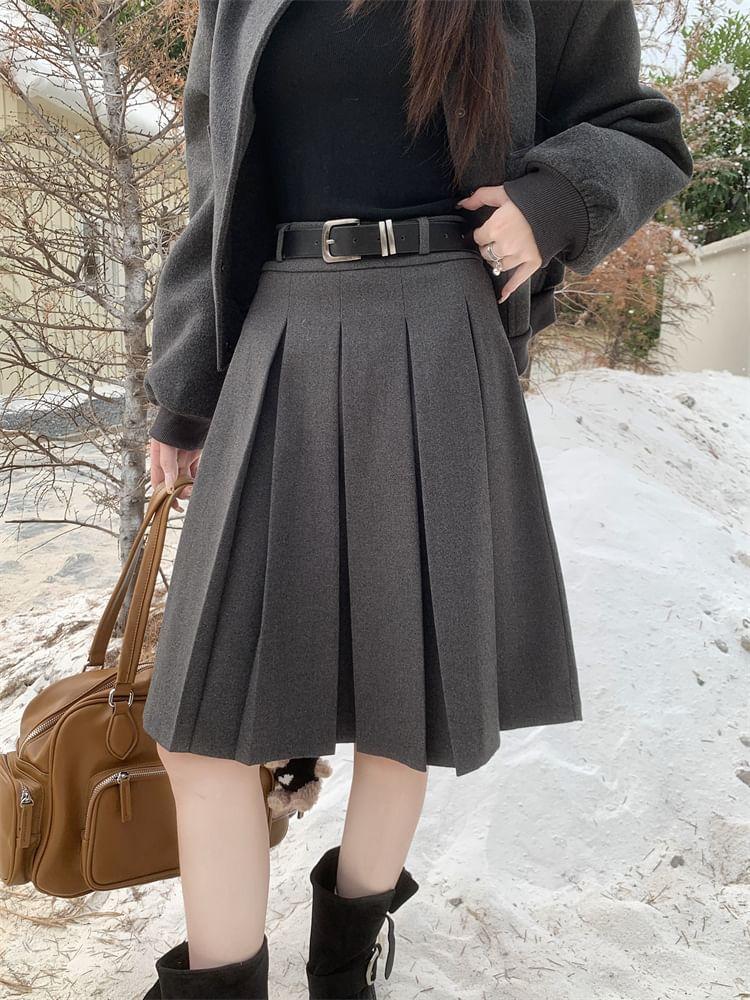 High Waist Plain Pleated A-Line Skirt Product Image