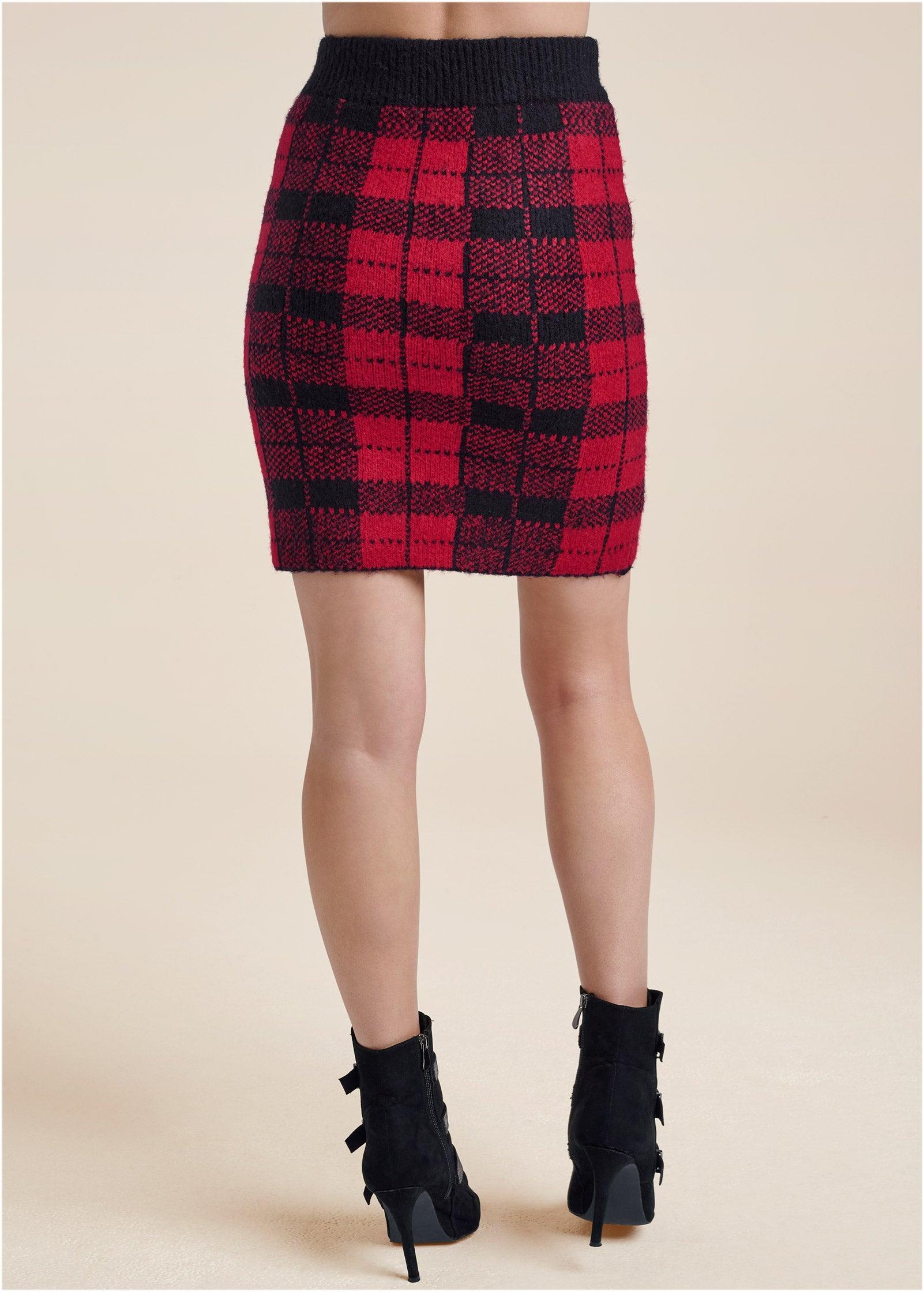 Plaid Sweater And Skirt Set - Black & Red Product Image