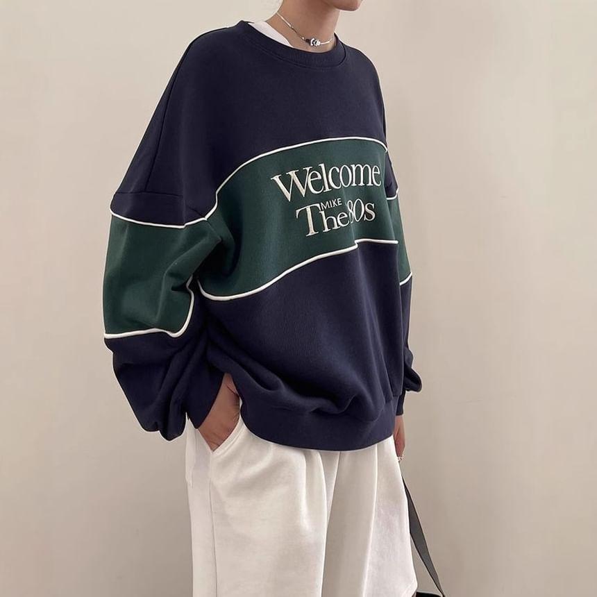 Long Sleeve Lettering Embroidered Color-Block Loose-Fit Pullover Product Image