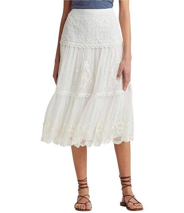 Lauren Ralph Lauren Allover Eyelet Embroidered Mesh Tiered A-Line Midi Skirt Product Image