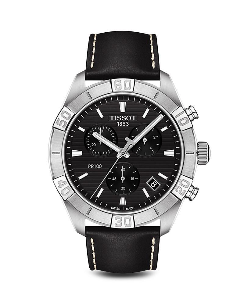 Tissot Mens Swiss Chronograph Pr 100 Sport Black Leather Strap Watch 44mm - Black Product Image