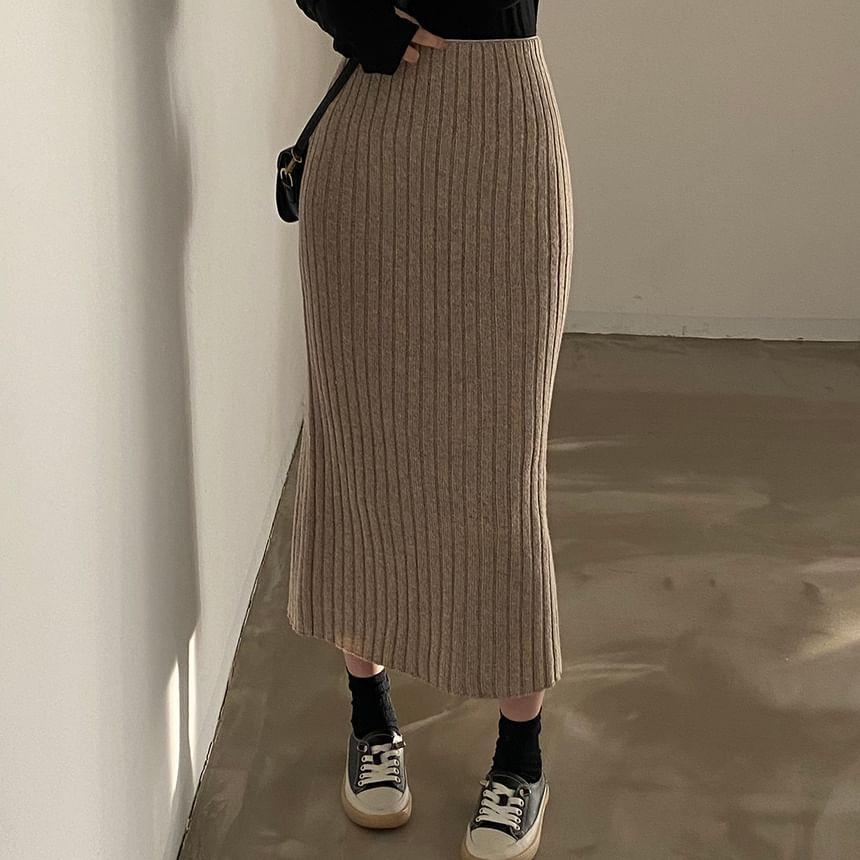 High Waist Plain Ribbed Knit Midi Pencil Skirt Product Image