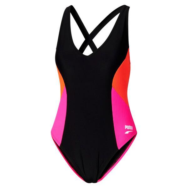 PUMA One Piece Mixed Media Women's Swimsuit in Black/Pink, Size S Product Image