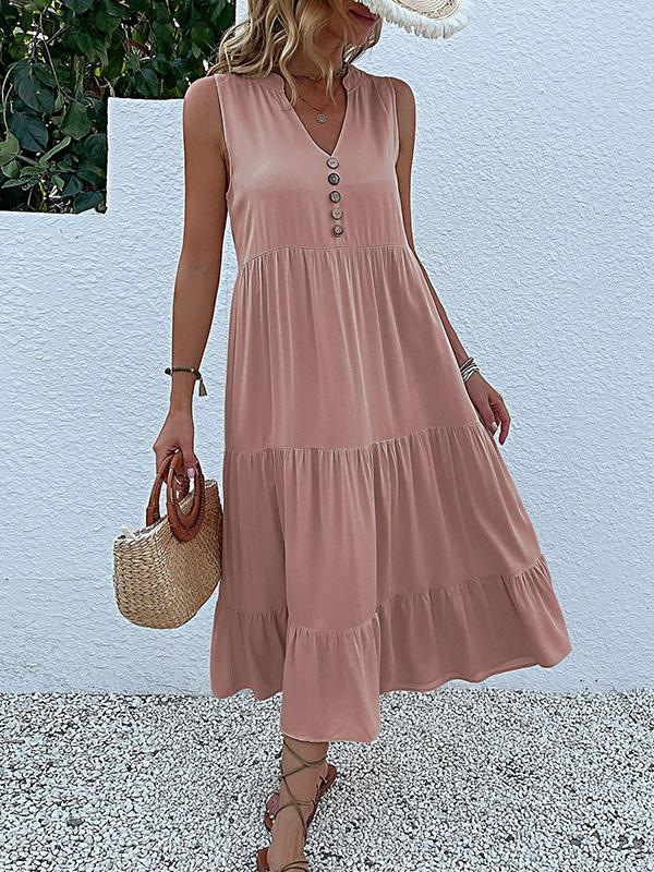 Loose Sleeveless Pleated Split-Joint V-Neck Midi Dresses Product Image