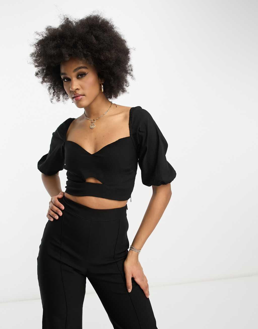 Vesper Tall puff sleeve crop top in black - part of a set Product Image