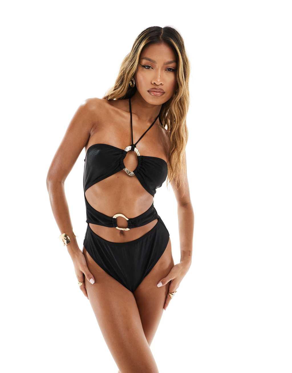 South Beach gold buckle cut out front halter swimsuit in black Product Image