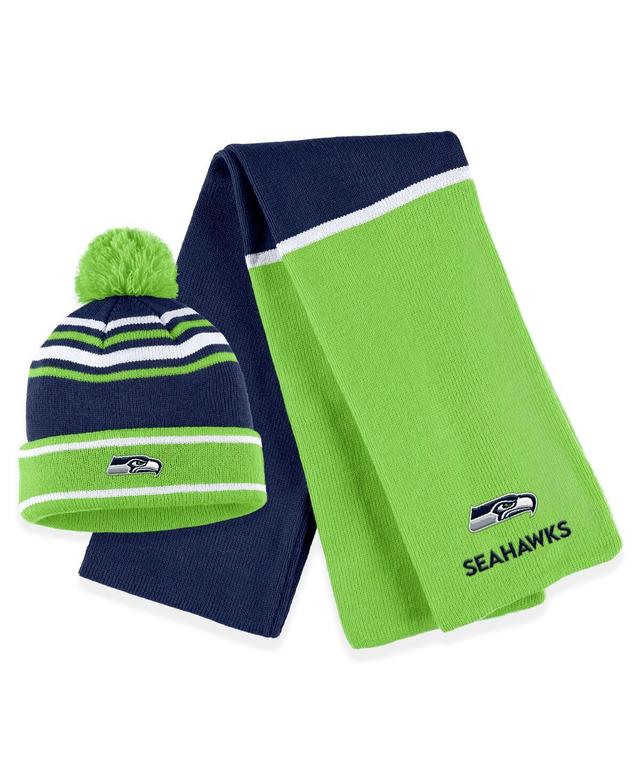 Womens WEAR by Erin Andrews College Seattle Seahawks Colorblock Cuffed Knit Hat with Pom and Scarf Set, Blue Product Image