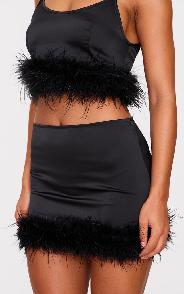 Black Textured Satin Feather Trim Mini Skirt Product Image