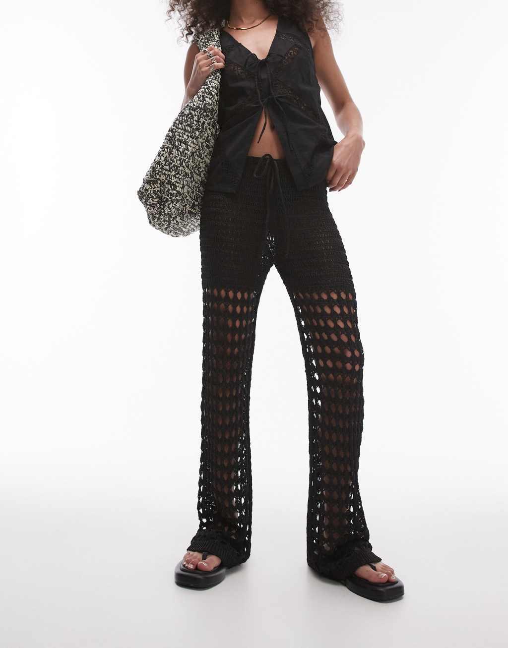 Topshop knitted crochet pants in black Product Image