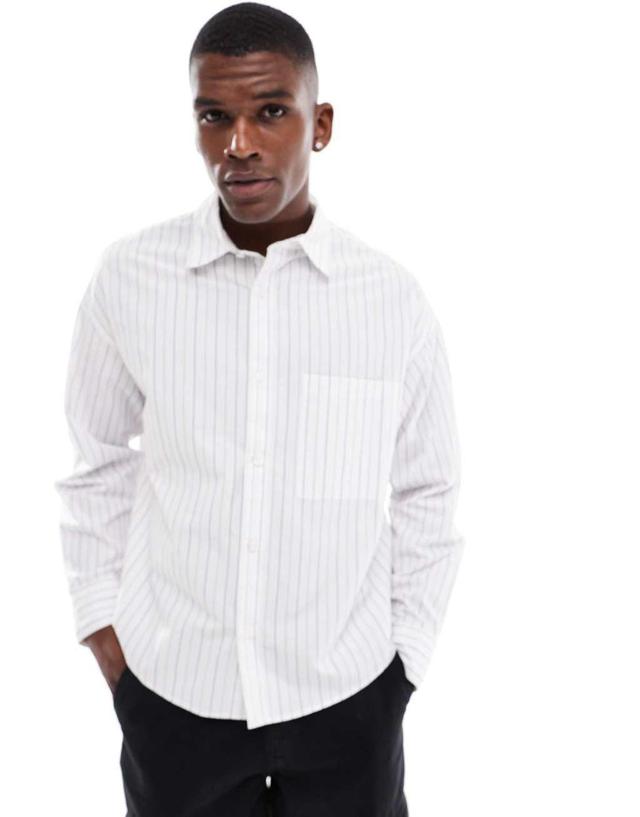 Pull&Bear long sleeve boxy fit stripe shirt in white Product Image