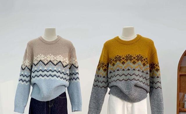 Round Neck Patterned Oversized Sweater Product Image