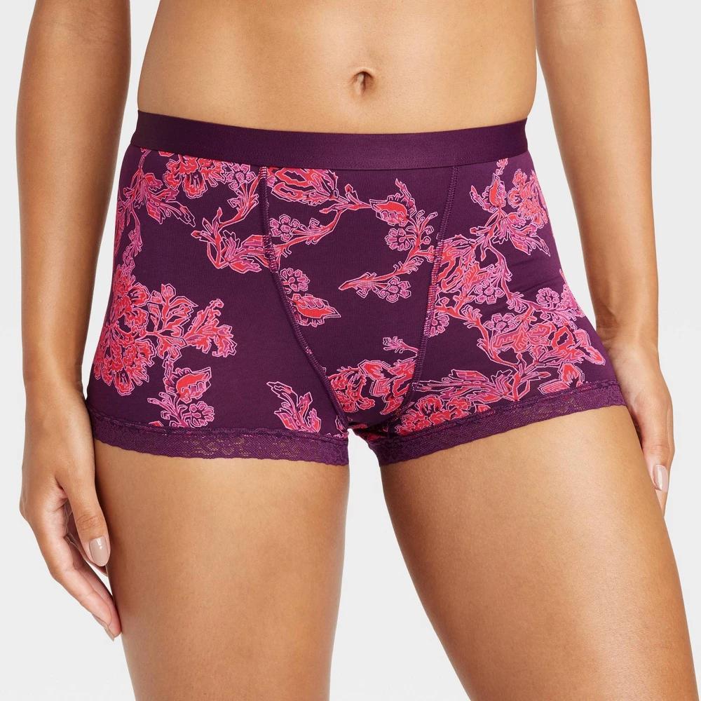 Womens Floral Print Cotton and Lace Boy Shorts - Auden Purple XL Product Image