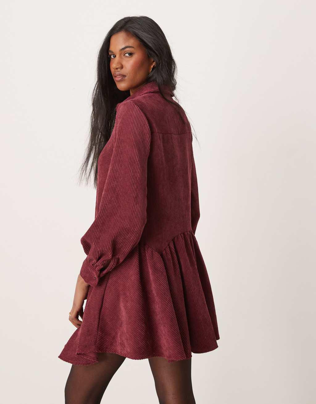 ASOS DESIGN cord smock mini dress with peplum hem in burgundy Product Image