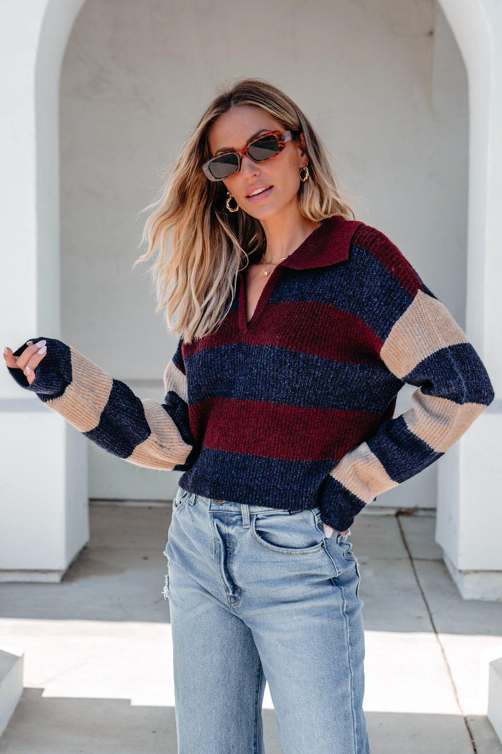 Burgundy Multi Striped Pullover Sweater Product Image