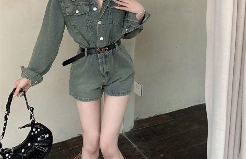 Long-Sleeve Collared Washed Half-Buttoned Denim Romper Product Image