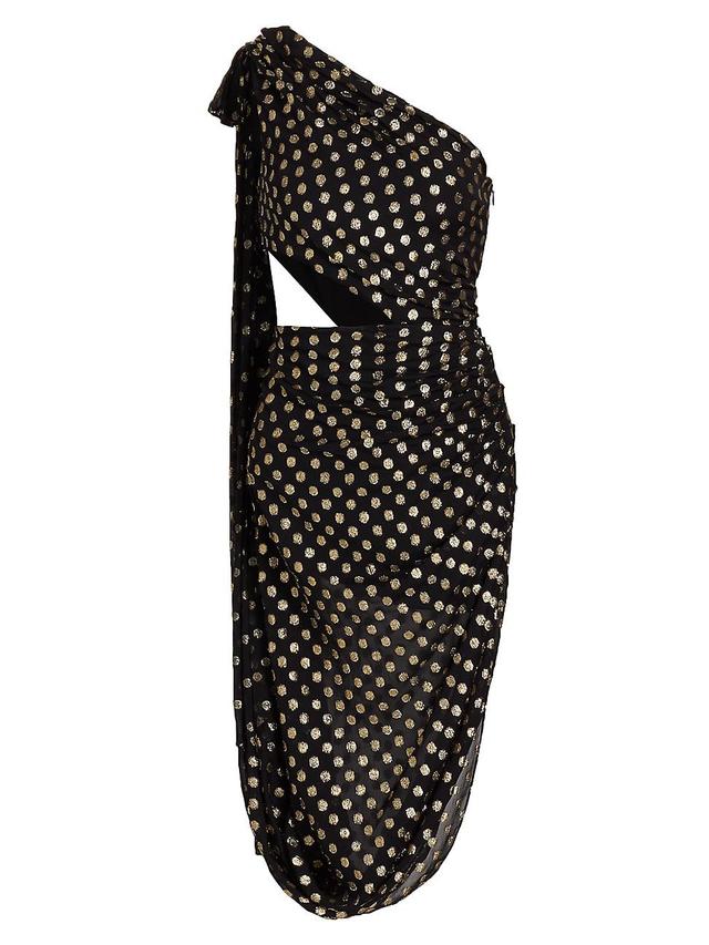 Womens One-Shoulder Metallic-Dot Midi-Dress Product Image