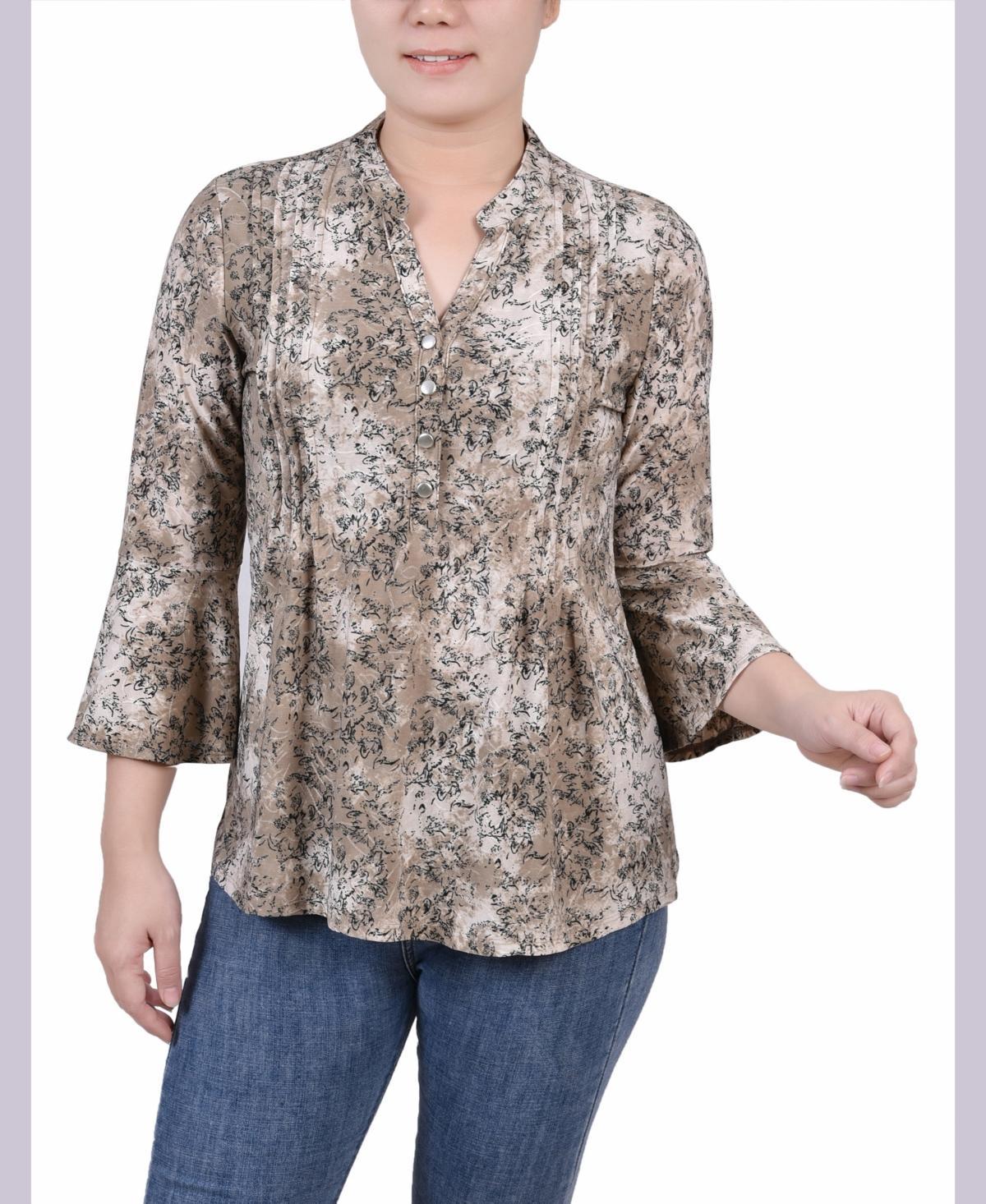 Ny Collection Petite 3/4 Bell Sleeve Printed Pleat Front Y-neck Top Product Image