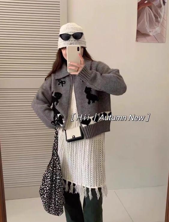 Long Sleeve Bow & Cat Print Loose-Fit Zip-Up Cardigan Product Image