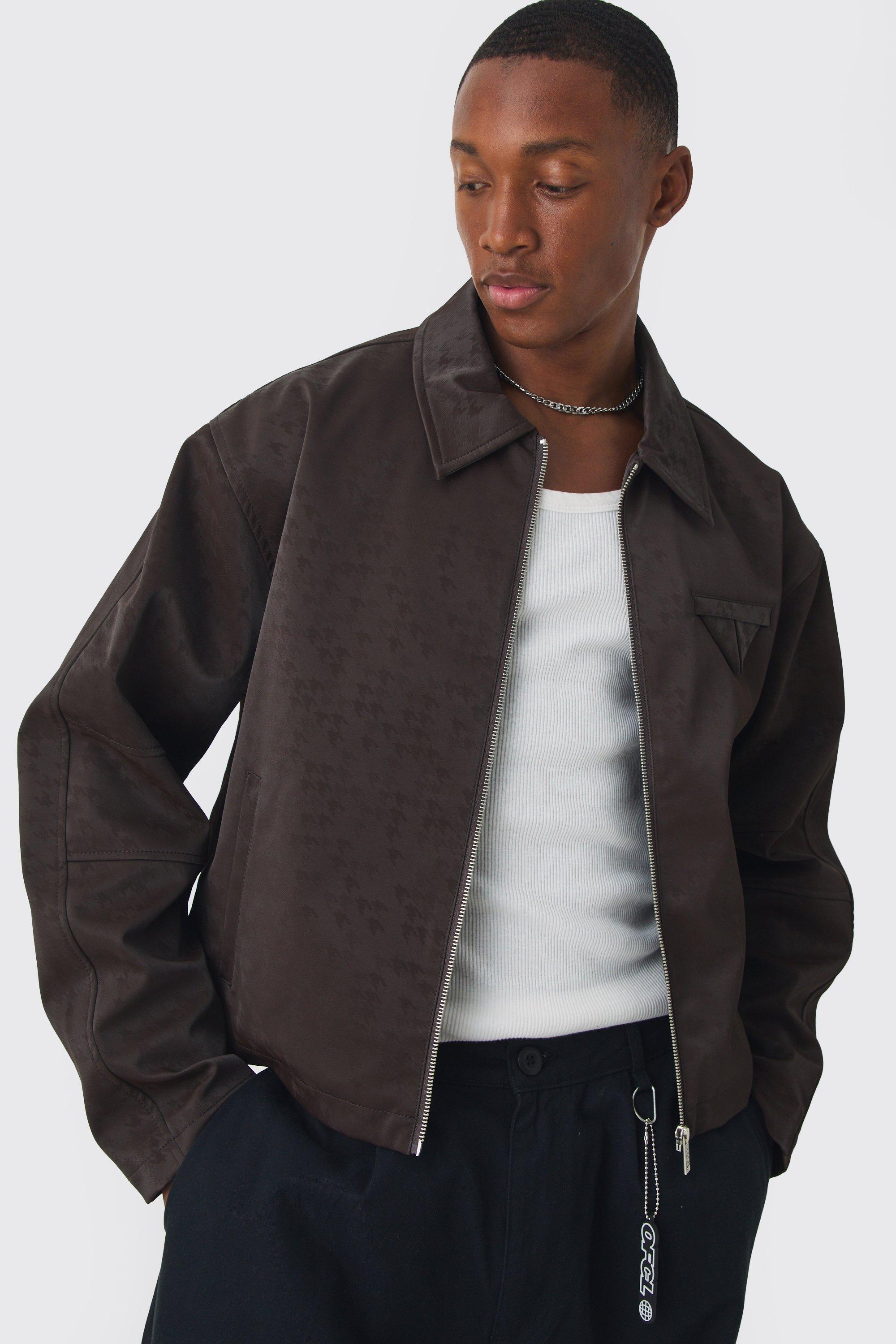 Boxy Satin PU Dogtooth Harrington Jacket In Chocolate | boohooMAN USA Product Image