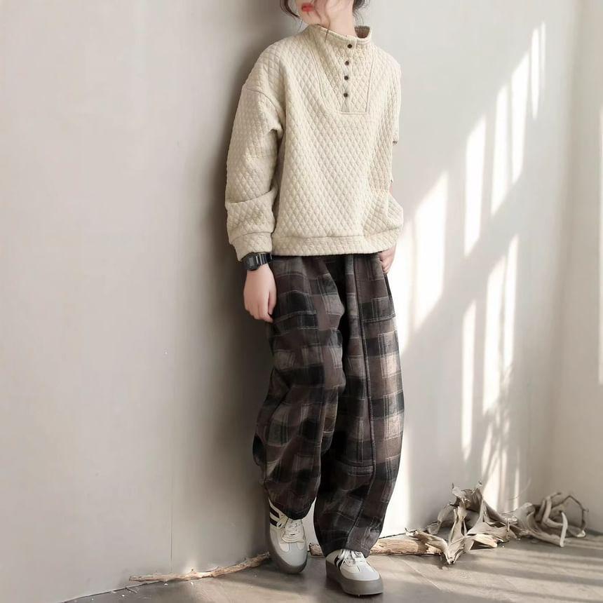 Drawstring Waist Plaid Fleece-Lined Barrel Leg Pants Product Image