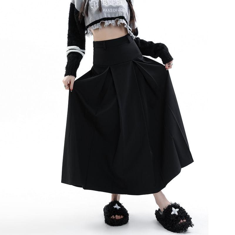 High Rise Plain Midi Pleated A-Line Suit Skirt Product Image