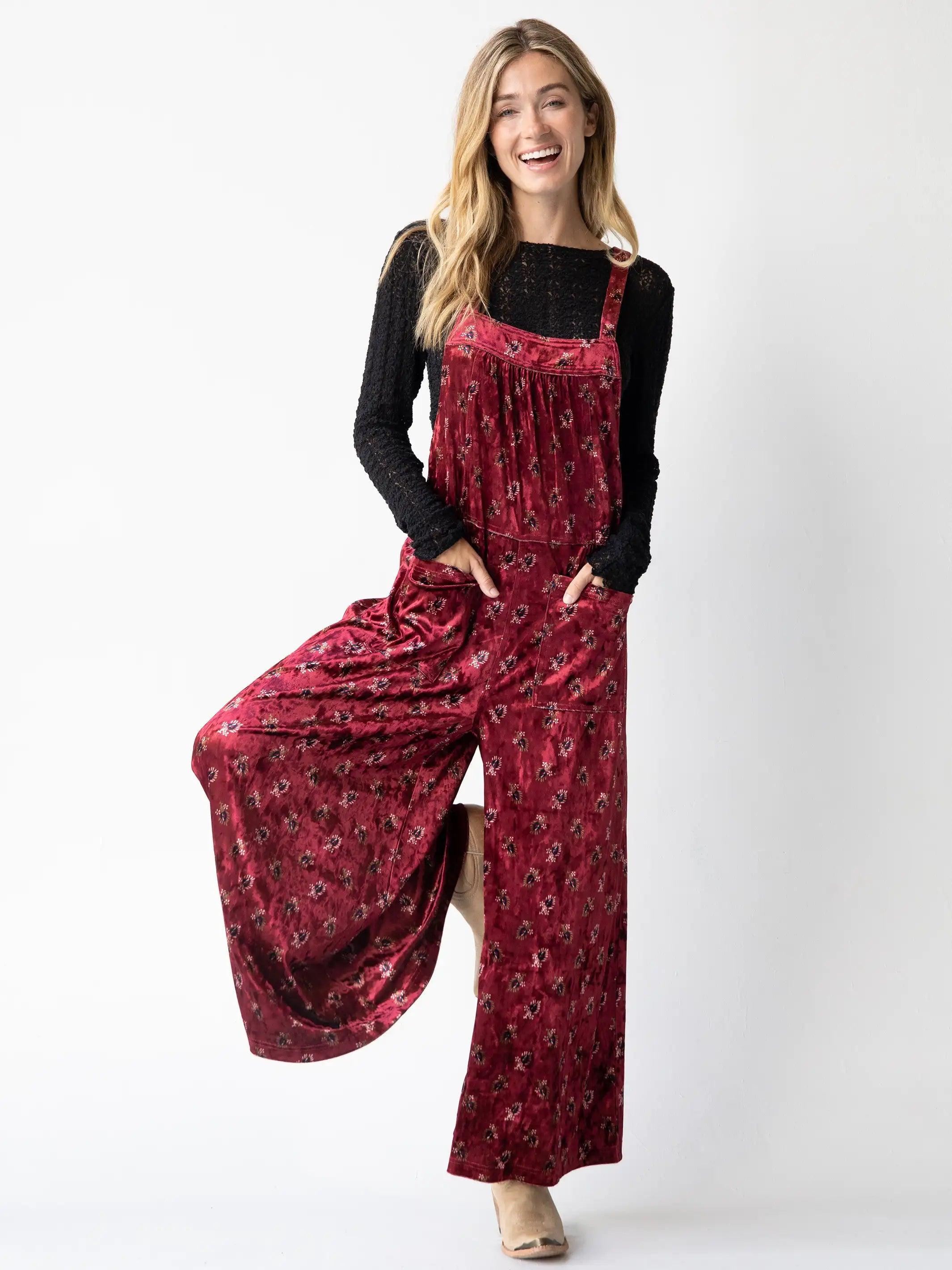 Velvet Dakota Tie Overall - Cranberry Fan Motif Product Image