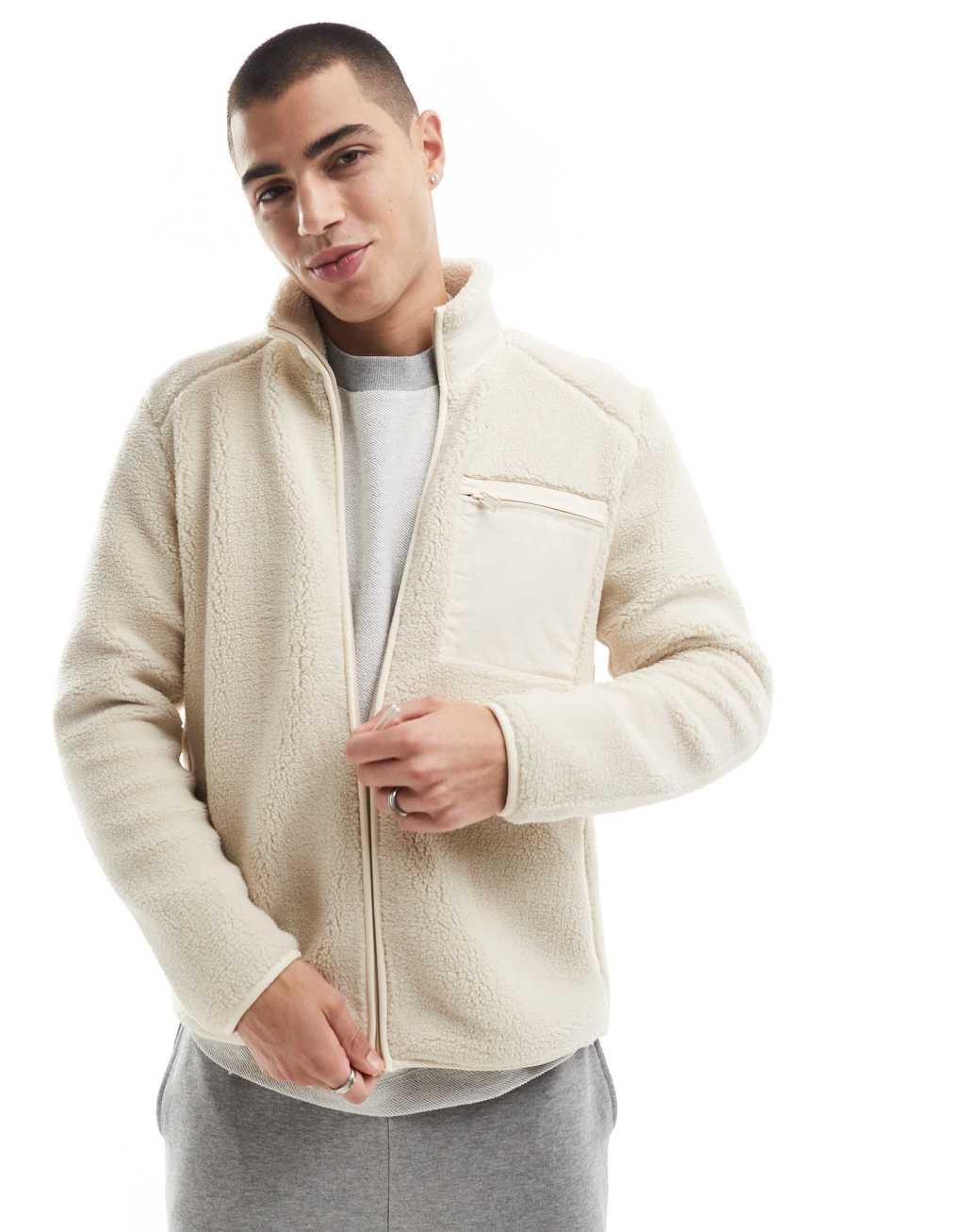 ONLY & SONS zip up sherpa fleece with chest pocket in beige Product Image