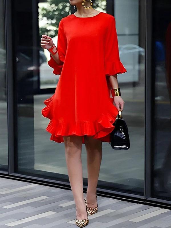 Half Sleeves Loose Falbala Solid Color Round-Neck Midi Dresses Product Image