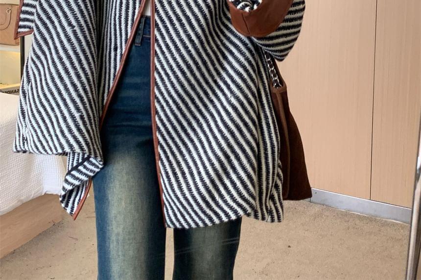 Faux Leather Panel Striped Wrap Coat Product Image