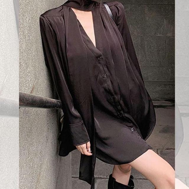 Long Sleeve V-Neck Plain Ruched Mini Shirt Dress Product Image