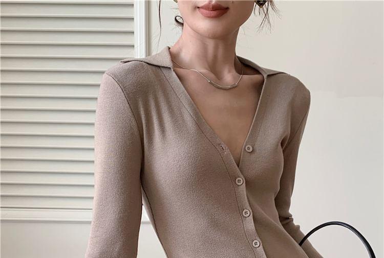 Long-Sleeve Collar V-Neck Plain Button Midi Sheath Dress Product Image