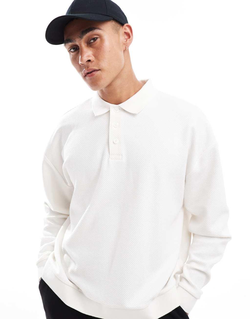 ASOS DESIGN oversized boxy long sleeve polo with flat knit cuff and hem in cream Product Image