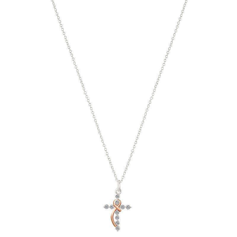 Brilliance Brass and 14K Gold Plated Cross Pendant Necklace, Womens Silver Rose Clear Product Image