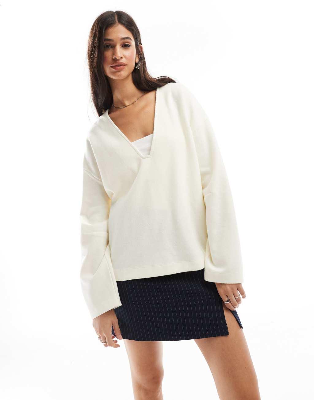 ASOS DESIGN supersoft clean plunge v neck sweater in white Product Image