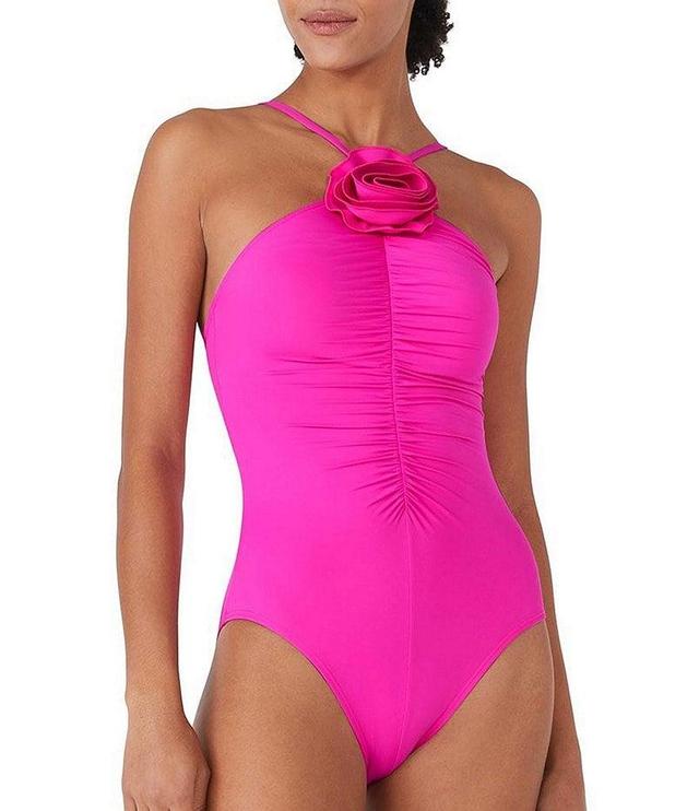 kate spade new york Solid High Neck Ruched Rosette One Piece Swimsuit Product Image