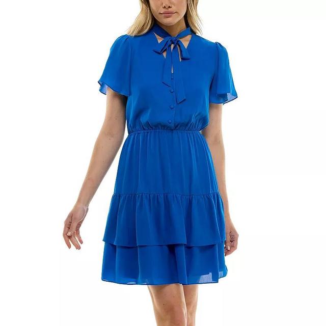 Womens Nanette Lepore Flutter Sleeve Tie Neck Dress Blue Product Image