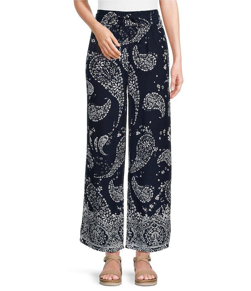 Intro Petite Size Janis Woven Paisley Print Wide-Leg Pull-On Ankle Pants Product Image