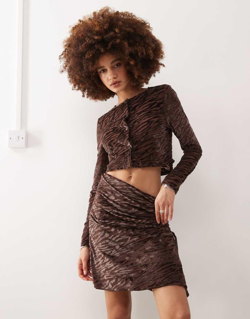 COLLUSION tie side awkward length skirt in brown burnout - part of a set Product Image