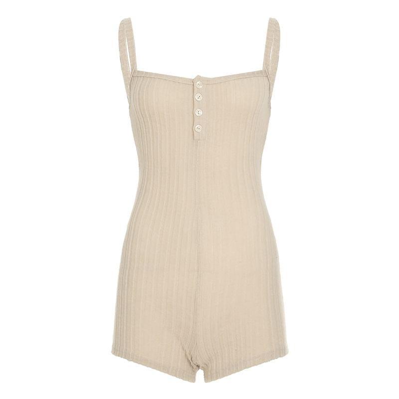 Spaghetti Strap Plain Ribbed Button Up Romper Product Image