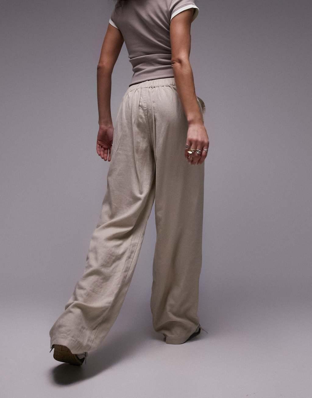 Topshop linen low rise draw cord waist straight leg pants in beige Product Image