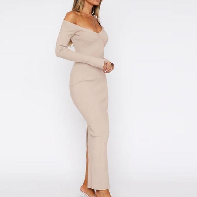 Long-Sleeve Off-Shoulder Plain Button Accent Slit Maxi Bodycon Dress Product Image